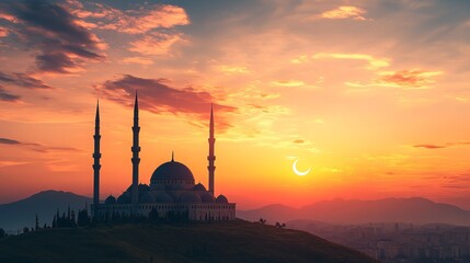 Obraz premium The shadow of a mosque framed by a sunset sky. Ramadan, the holy month of fasting for Muslims worldwide, is projected to begin in spring 2025-2026, with Eid al-Fitr marking its conclusion
