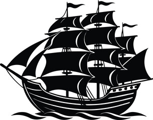 A classic sailing ship with multiple masts and billowing sails in silhouette
