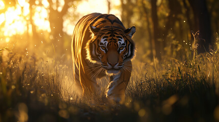 Hyper-realistic AI-generated image of a Bengal tiger stealthily walking through tall grass in a forest at sunset. Ideal for dramatic wildlife scenes and conservation visuals.