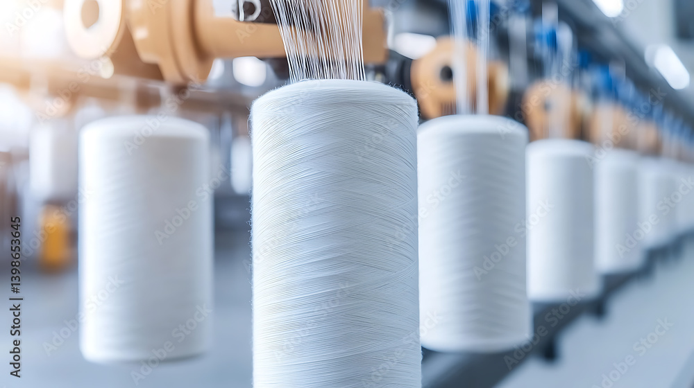 Poster white spools of thread on a textile production line. focused on detail and texture, creating a clean