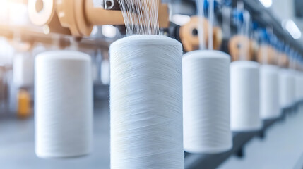 White spools of thread on a textile production line. Focused on detail and texture, creating a clean and industrial aesthetic. Precision in manufacturing.