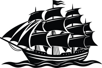 A Black and White Silhouette of a Majestic Sailing Ship on the Water