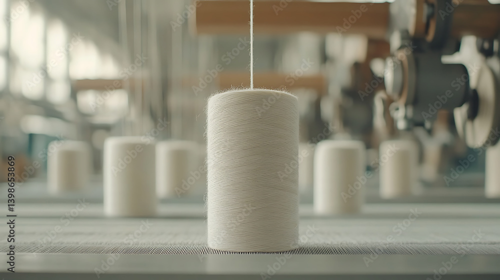 Poster close-up of a spindle holding yarn, showcasing the textures and details of textile manufacturing in 