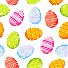 Seamless pattern with decorative Easter eggs in cartoon style.Vector illustration of  colorful Easter eggs with patterns:flowers,lines,dots,waves isolated on white background.Wrapping,packaging paper.