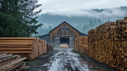 Explore rustic lumber mill scene with wood stacks and barn in misty forest landscape photography