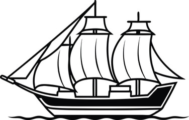 Classic two masted sailing ship outline on gentle waves artwork design