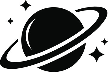 Stylized black and white planet with ring system and stars illustration © Art by Redu