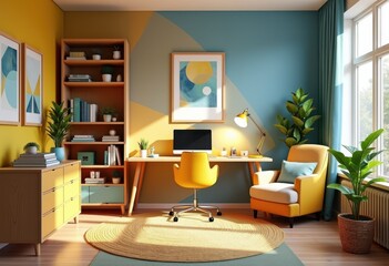 vibrant contemporary home office design family elements colorful decor workspace organization, furniture, bright, modern, comfortable, storage, bureau