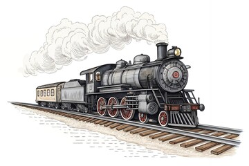 Vintage Steam Train Locomotive on Tracks Retro Railroad Travel Illustration