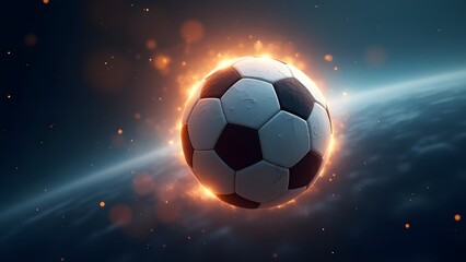 Naklejka premium Fiery Soccer Ball with Glowing Flames in Cosmic Space Background