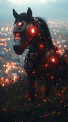 Naklejka premium On a hill with a cityscape behind it, a robot shaped like a horse stands tall. Space for text. Horse symbol 2026