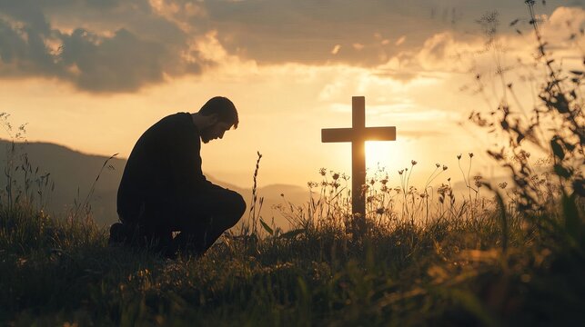 Man praying at cross silhouette at sunset faith hope and christianity concept for spiritual healing 100