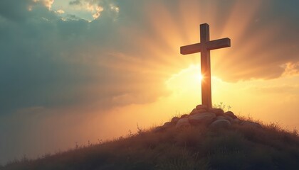 Wooden cross on hill against dramatic sunset sky. Symbol of faith hope sacrifice. Religion spirituality concept. Christian symbol of Jesus Christ crucifixion resurrection. Easter.