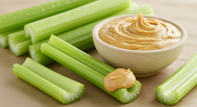 Fresh Celery Sticks with Peanut Butter Dip for Healthy Snacking - Powered by Adobe