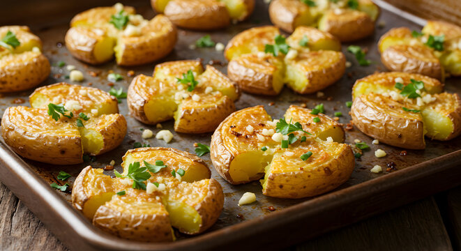 Delicious Crispy Smashed Potatoes Topped with Garlic and Herbs