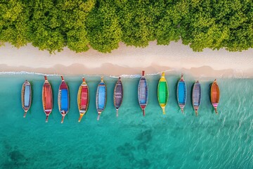 On Phi Phi Island in Kra Bi, Thailand, high-season adventures include long-tail boat rides for Thai and international tourists to admire coral reefs, as captured from a drone's aerial top view