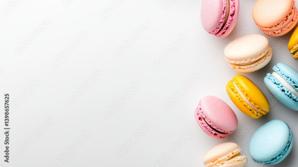 Poster a collection of vibrant macarons showcases an array of colors against a clean white background, evok