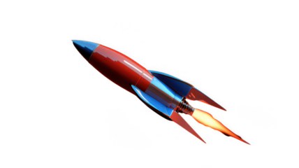 Red rocket blasting off with blue fins and cartoon flame
