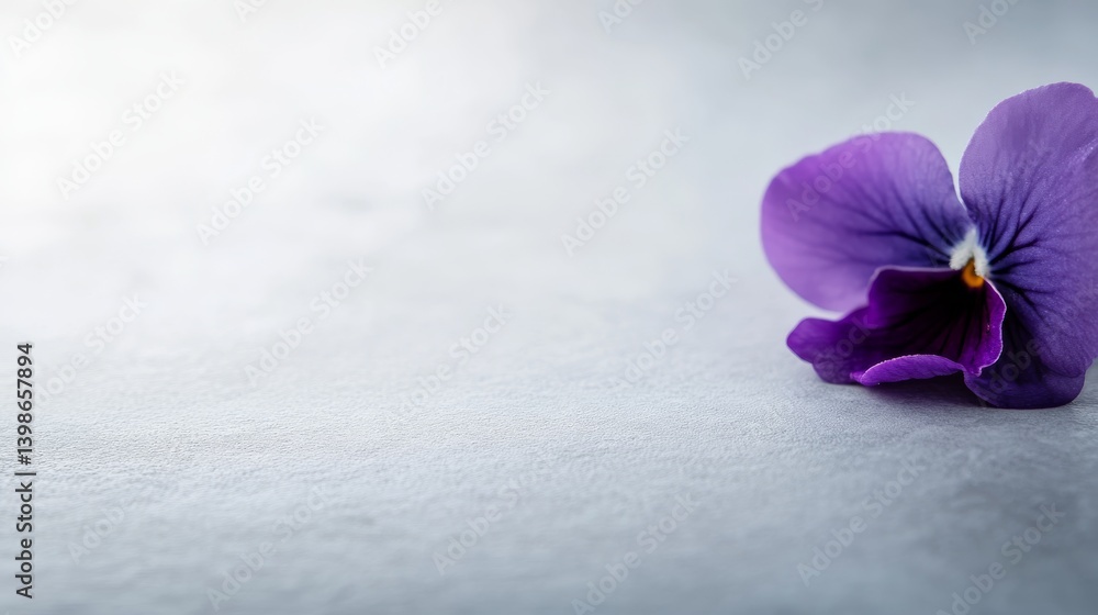 Fototapete a delicate violet flower rests on a smooth white surface, softly illuminated from the side, showcasi