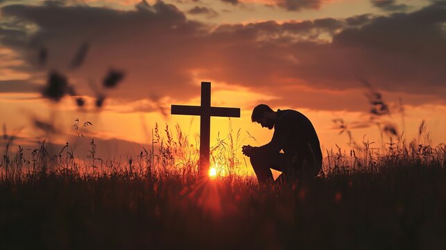Man praying at cross silhouette at sunset seeking god faith and christianity hope and religion concept