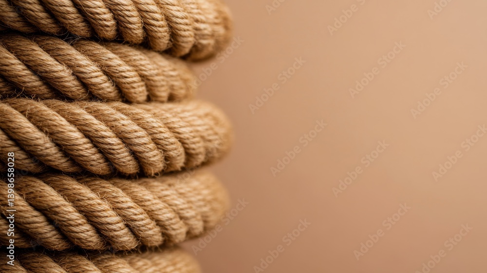 Poster thick, coiled rope rests against a soft pastel-colored backdrop, highlighting its rugged texture and