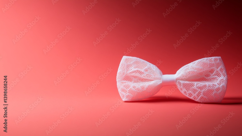 Poster a close-up shot showcases a white lace bow delicately placed against a soft pink background, illumin