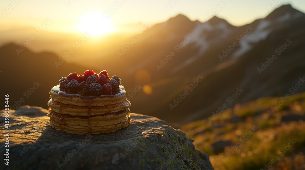Aufkleber close-up of a fluffy pancake stack topped with fresh berries and drizzled with maple syrup, set agai