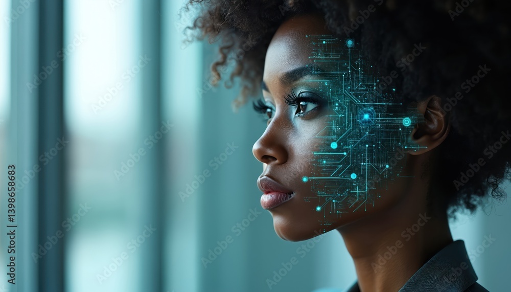 Poster side profile portrait black female with tech pattern overlay. cyber security analyst, artificial int