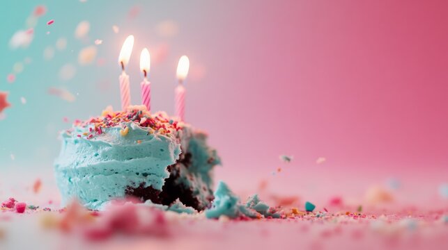 A close-up view captures a smashed blue birthday cake adorned with lit candles and colorful sprinkles, showcasing the joy of celebration in a playful setting