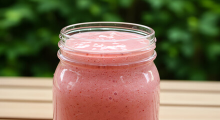 Refreshing Strawberry Banana Smoothie in a Glass Jar Outdoors