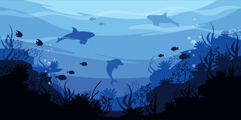 Vector illustration of a beautiful tropical underwater landscape. Cartoon scene of the ocean depths with blue silhouettes of underwater coral reefs, algae,fish of different sizes,water bubbles, waves.