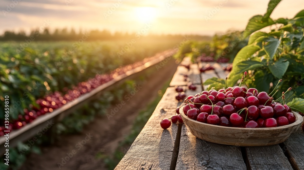 Aufkleber ripe cherries overflow in a bowl on a rustic wooden table, surrounded by scattered leaves, with a su