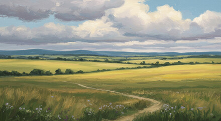Obraz premium Serene summer countryside path winding through golden fields under a vast, cloudy sky, painted in soft, impressionistic brushstrokes.