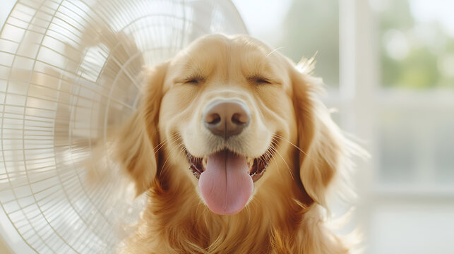 Happy Golden Retriever Cooling Off. A cute dog enjoys the breeze from an electric fan, eyes closed and tongue out, on a warm day indoors.
