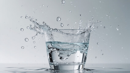 The refreshing burst of water splashing into a glass, a moment of pure hydration captured in crisp detail against a simple gray background.