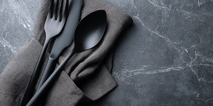 Black fork, knife, spoon on dark gray textured cloth, atop dark marble surface, showcasing elegant minimalist table setting, ideal for restaurant menu or culinary blog