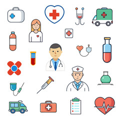 Collection of medical icons including ambulance, doctor, first aid kit, medical instruments, heart, test tubes, healthcare symbols, and more for healthcare and wellness designs
