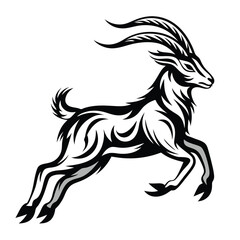 Ibex Silhouette Leaping, Strong Horns, Mountain Goat, Wildlife, Monochrome