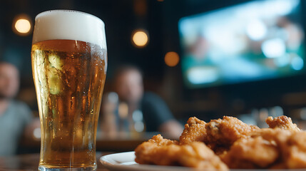 Draft beer and crispy fried chicken wings on a pub table, with a blurred background featuring patrons watching a game on TV.