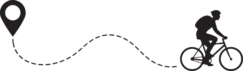 Obraz premium Young riding bicycle with start location pin. Healthy lifestyle. Travel concept black silhouette. Vector illustration isolated on white