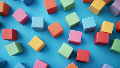 Obraz premium Many multi-colored cubes on a blue background