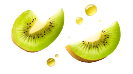 Green kiwi slice with golden drop on a white background