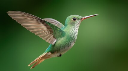 Fototapeta premium A vibrant hummingbird hovers gracefully in the air, displaying its shimmering green feathers in a lush setting