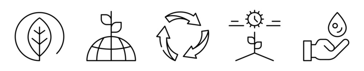 Conjunto de iconos de ecología. Cuidado ambiental, sostenibilidad y preservación natural. Hoja ecológica, planeta con planta, reciclaje, crecimiento de planta, conservación del agua © Frank