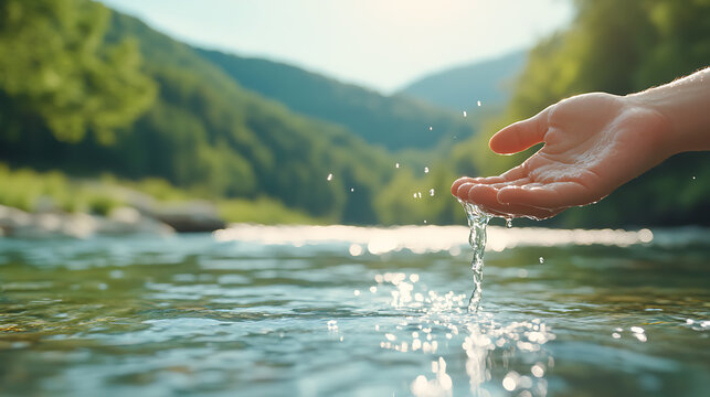 Hand cupping fresh water from a river. Symbol of purity, health, and nature's abundance, showcasing sustainability and the importance of clean water.
