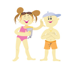 Cute Little Girl applying sunscreen to boy. Protection from UV rays and sunburn. Cartoon Childrens Vector Illustration isolated on a white background.