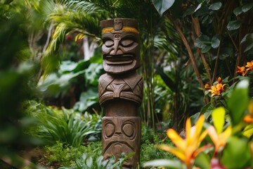 Traditional Polynesian tiki statue standing in a tropical garden with lush vegetation and colorful flowers
