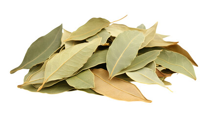 Pile of dried bay leaves on a white background