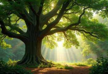 Naklejka premium majestic oak tree canopy filtering sunlight through leaves creating dappled light shuffle forest floor, shade, glow, branch, twig, foliage, roots, scenery