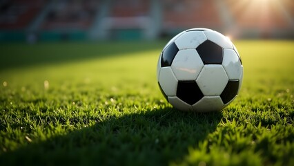 Obraz premium Lone Soccer Ball on Lush Green Field Stadium Backdrop with Golden Hour Sunlight